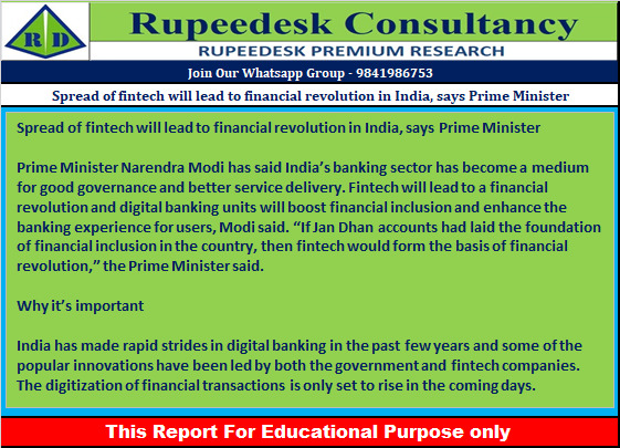 Spread of fintech will lead to financial revolution in India, says Prime Minister - Rupeedesk Reports - 17.10.2022