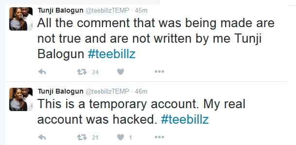 TeeBillz denies rants about Tiwa Savage,says his account was hacked