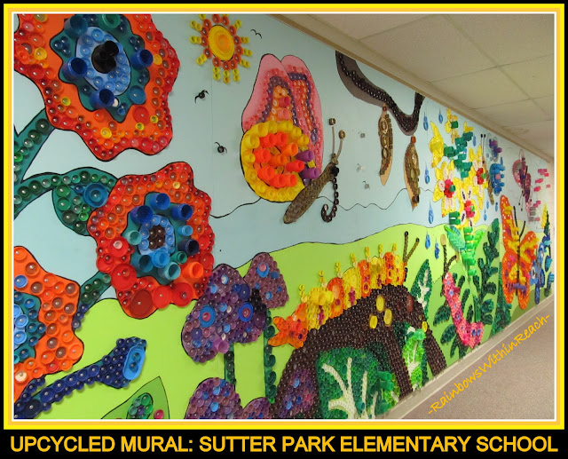 photo of: Upcycled Mural of Spring Flowers + Butterflies, All materials from recycled lids and bottle tops