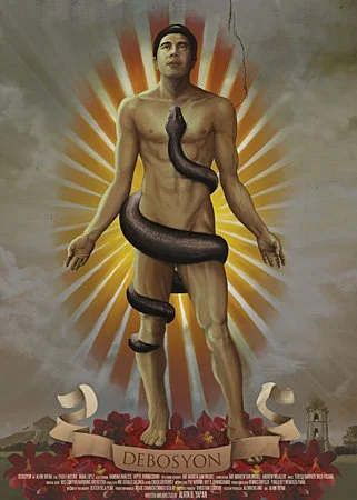 artwork poster naked man like Adam in Eden with snake