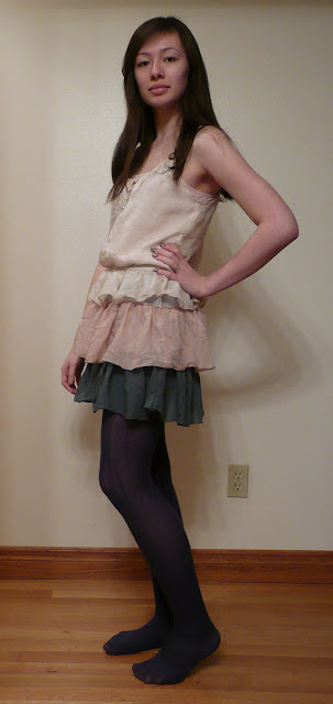 outfit ruffle dress cream pearl buttons leather straps navy tights