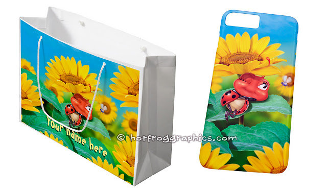 Gift bag and phone case both with small ladybug sleeping on a sunflower