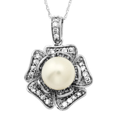 Cultured Freshwater Pearl and Diamond Flower Pendant
