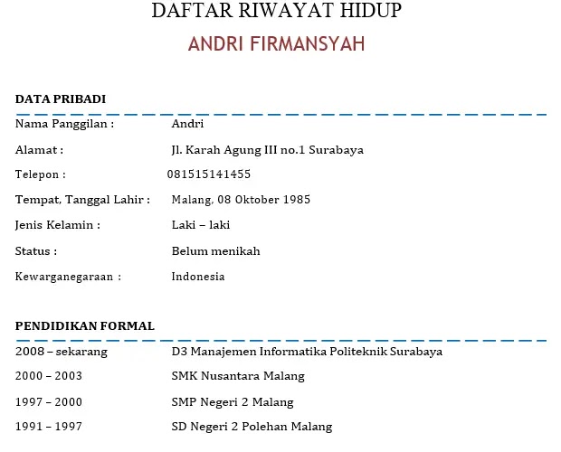 Contoh CV Fresh Graduate SMK