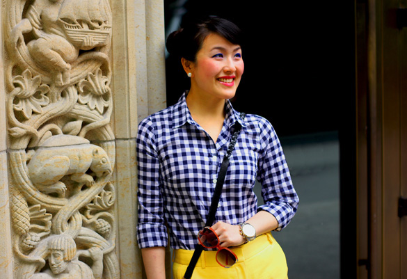 J Crew Gingham Shirt Loft Yellow Shorts