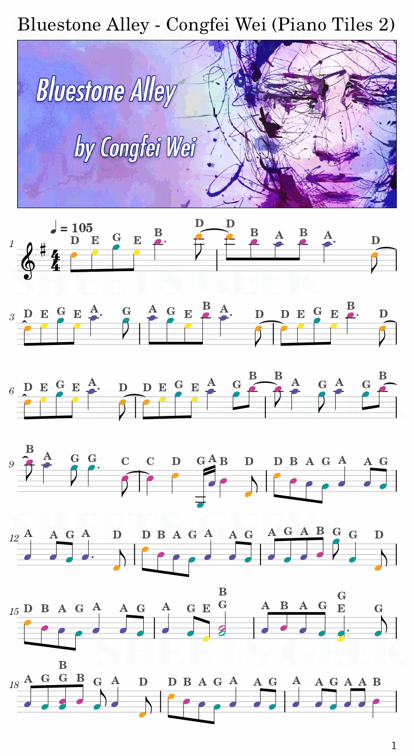 Bluestone Alley - Congfei Wei (Piano Tiles 2) Easy Sheet Music Free for piano, keyboard, flute, violin, sax, cello page 1