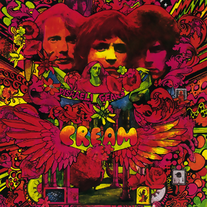 Portada del Lp Disraeli Gears. Una ilustración muy psicodélica con tonos rojos que muestra a los tres integrantes de la banda con numerosas alas y otras ilustraciones en las que predomina el tono rojo