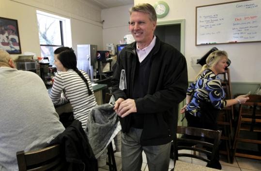 Former state treasurer Timothy P. Cahill left McKay's Breakfast and Lunch in Quincy yesterday. (Bill Greene/Globe Staff)