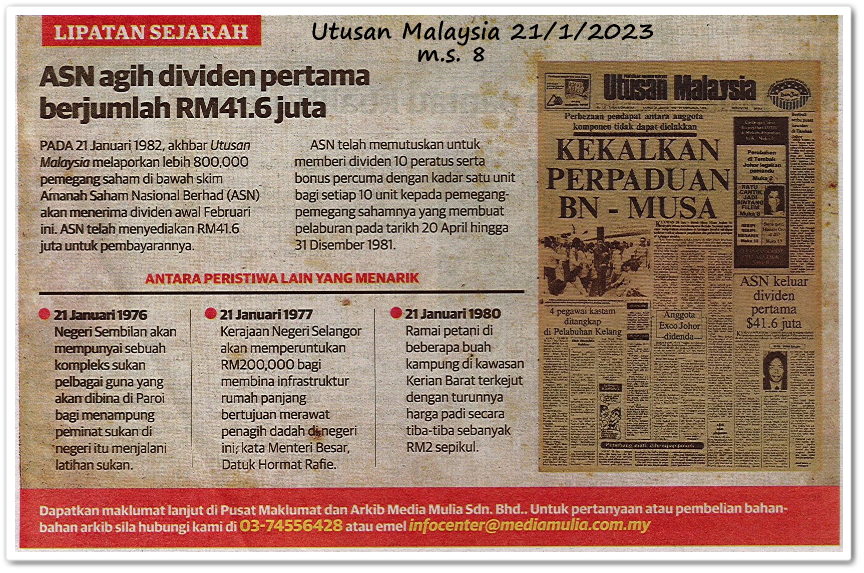 Lipatan sejarah 21 Januari - Keratan akhbar Utusan Malaysia 21 Januari 2023