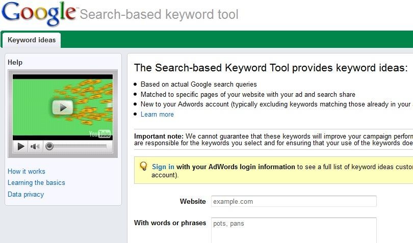 Giao diện của Google Search-based keyword tool
