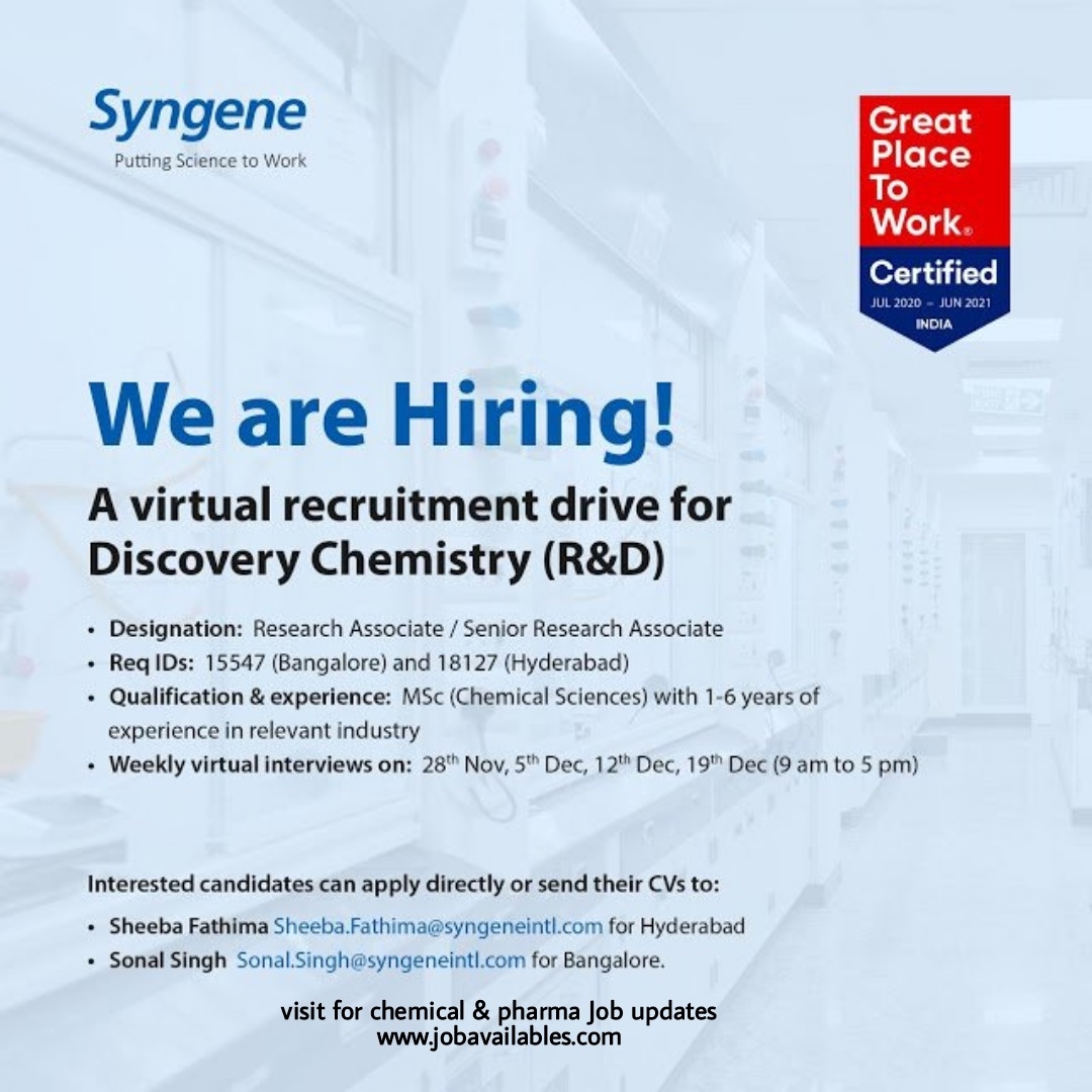 Job Availables, Syngene Interview For Msc(Chemical Sciences) In R&D Department