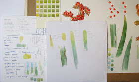 Artist's desk with colour notes and watercolour studies Shevaun Dohertyu