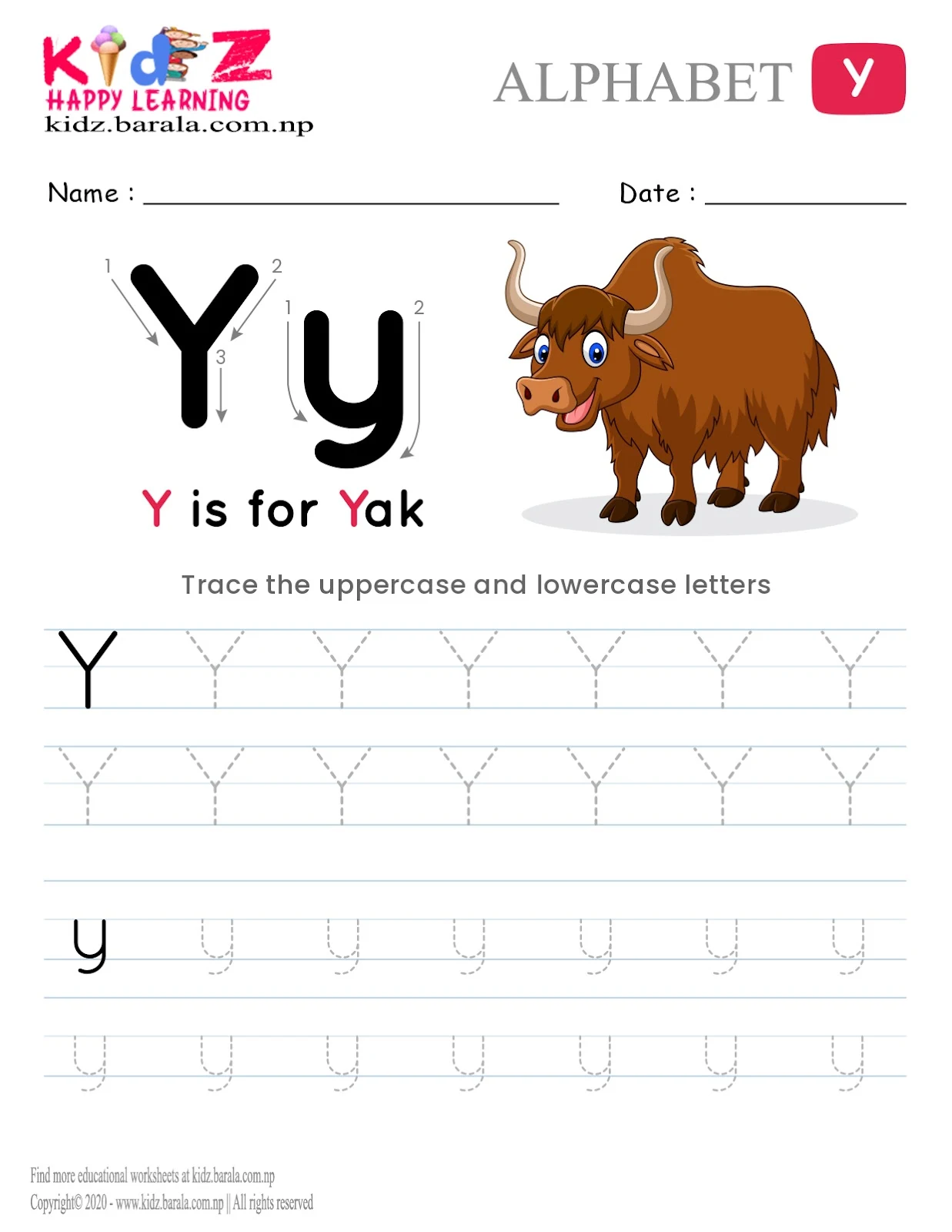 Alphabet Y tracing worksheet free download .pdf