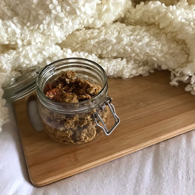 Homemade maple syrup and pecan nut granola