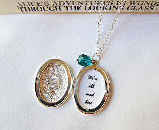 alice in wonderland locket necklace jewellery jewelry we're all mad here cheshire cat two cheeky monkeys