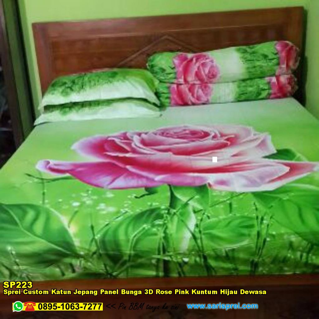 Sprei Custom Katun Jepang Panel Bunga 3D Rose Pink Kuntum Hijau