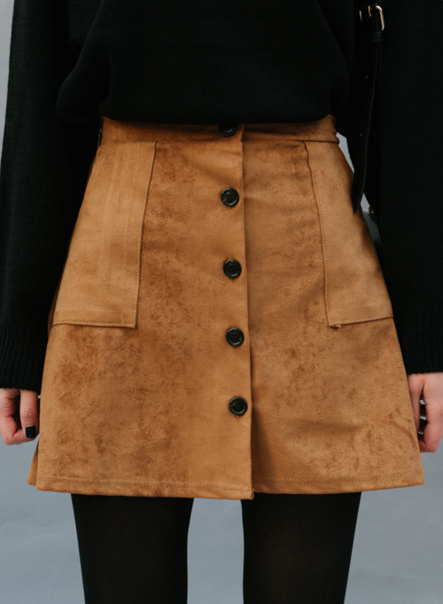  Suede Button-Front A-Line Skirt