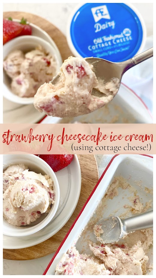 Collage of close up of ice cream on a spoon + ice cream scoop in pan with finished strawberry cheesecake ice cream.