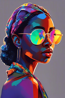 colorful painting of young lady wearing shades and head scarf.