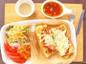 tuna melt sandwich, soup, salad and dressing