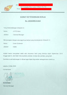 CONTOH SURAT KETERANGAN KERJA