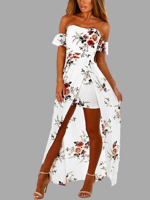 White Off Shoulder Random Floral Print Splited Dress