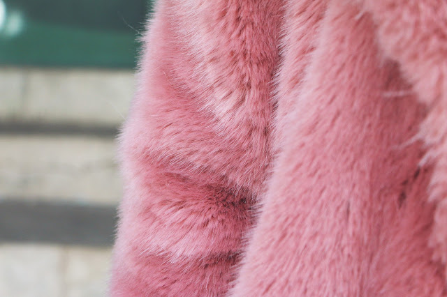Pink faux fur coat by Carrie Fry