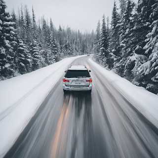A car driving safely on a snow-covered road during winter in Canada.