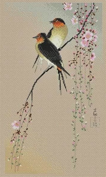 japan style birds cross stitch pattern