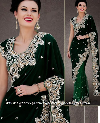 2014 TREND ON GREEN VELVET HALF AND HALF SAREE