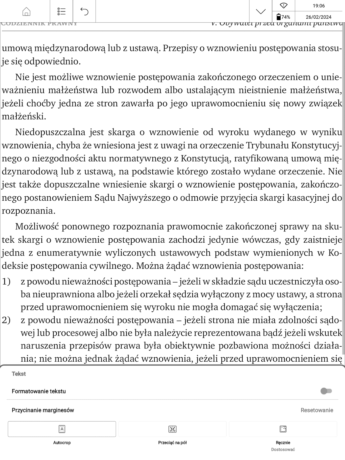 Automatyczne przycinanie marginesów w pliku PDF w aplikacji PocketBook Reader na PocketBook InkPad X Pro