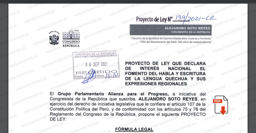 PROYECTO DE LEY N° 00139/2021-CR.- Ley que declara de interés nacional el fomento del habla y escritura de la Lengua Quechua y sus Expresiones Regionales (.PDF) www.congreso.gob.pe