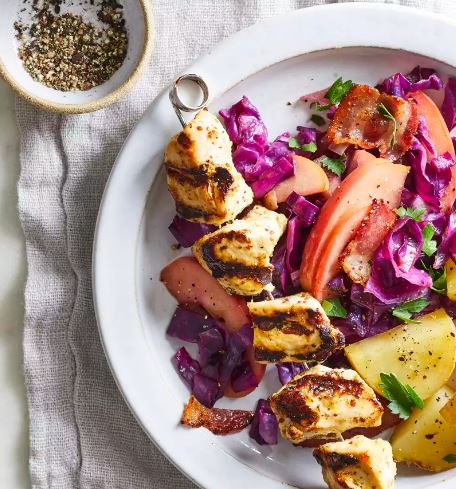 Chicken Kebabs with Warm Cabbage-Apple Slaw and Potatoes