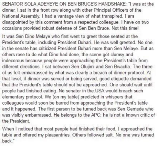 This is supposedly Sen. Sola Adeyeye's comments on Ben Bruce's claim he was shunned by pres. Buhari 