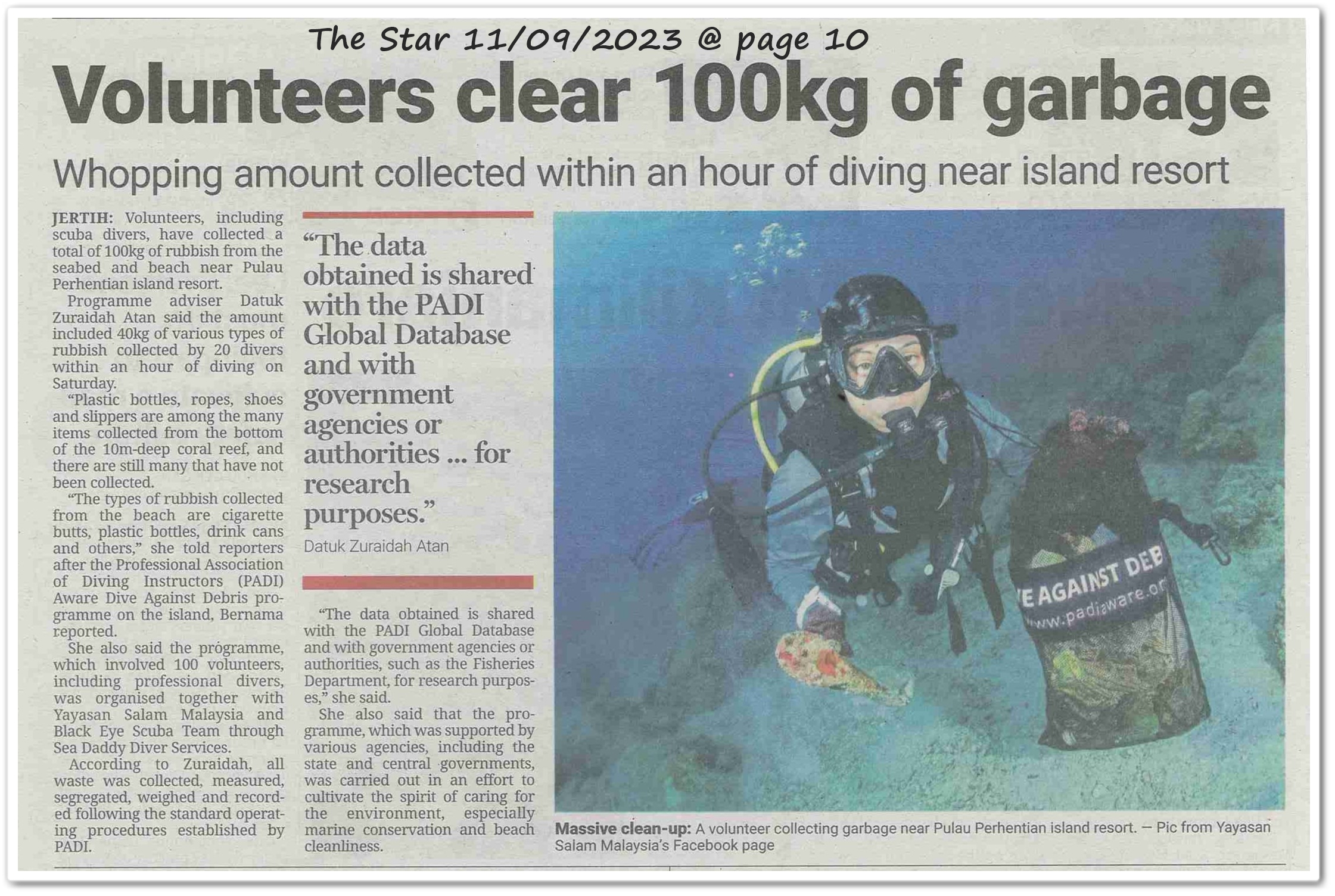 Volunteers clear 100kg of garbage ; Whopping amount collected within an hour of diving near island resort - Keratan akhbar The Star 11 September 2023