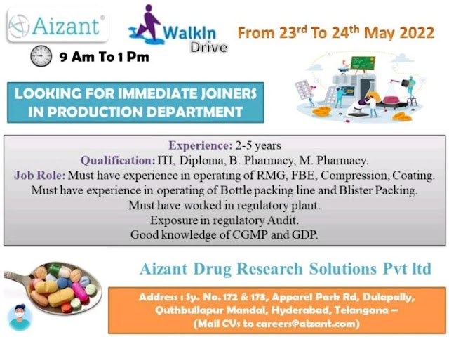 Aizant Drug Research solutions | Walk-in interview for Production department on 23rd & 24th May 2022