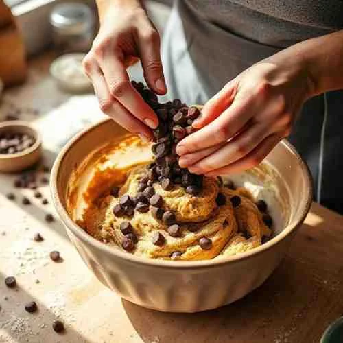 Hands folding chocolate chips into cookie dough in a large mixing bowl.