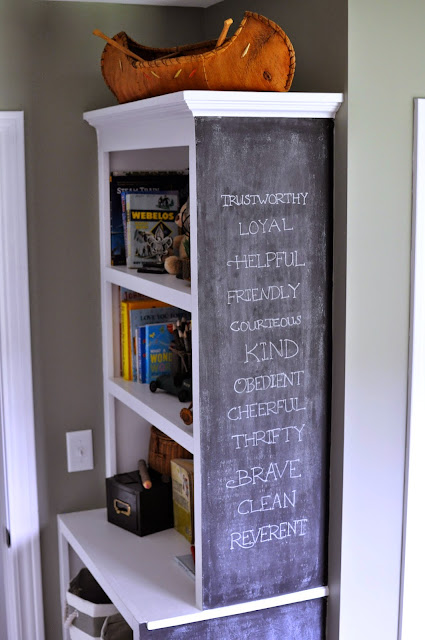 Outdoorsy, camping, boy scout nursery. Boy Scout Law. Built In Bookshelf.  Chalkboard. 