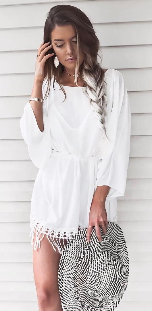 amazing white on white outfit: dress + hat