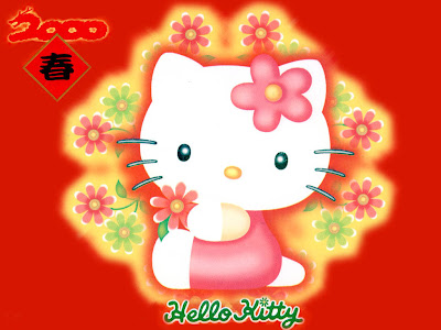 Cartoons Wallpaper 1024 768 - Hello Kitty Chinese New Year Lily Flowers Red Background