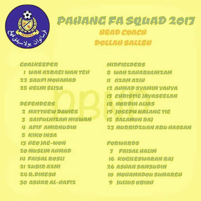 Senarai rasmi pemain Pahang FA 2017 beserta no jersi