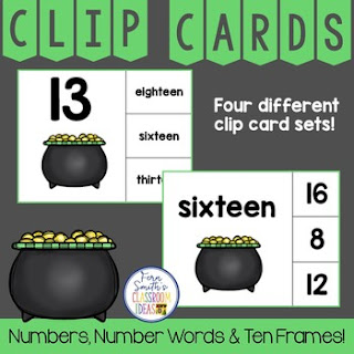 Number Clip Card Center for Numbers, Number Words & Ten Frames St. Patrick's Day Themed