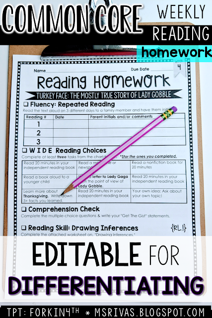 ELA homework for 3rd, 4th & 5th grade