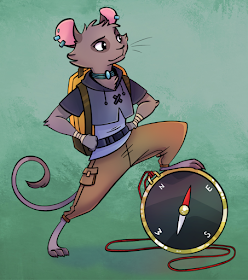 A mouse with piercings and a choker in casual clothes and a backpack with their foot resting on a compass