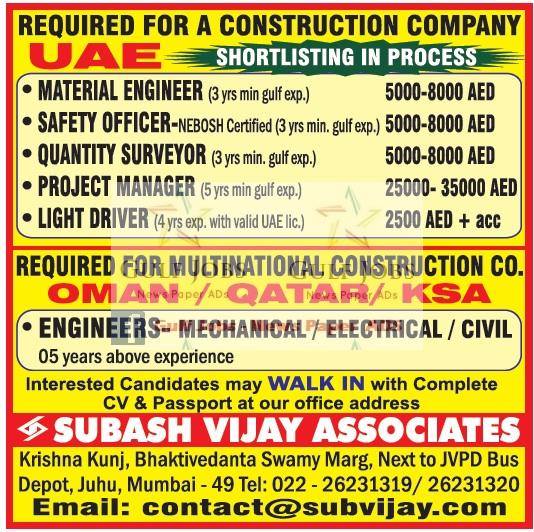 MNC construction co jobs for UAE, Oman, KSA & Qatar