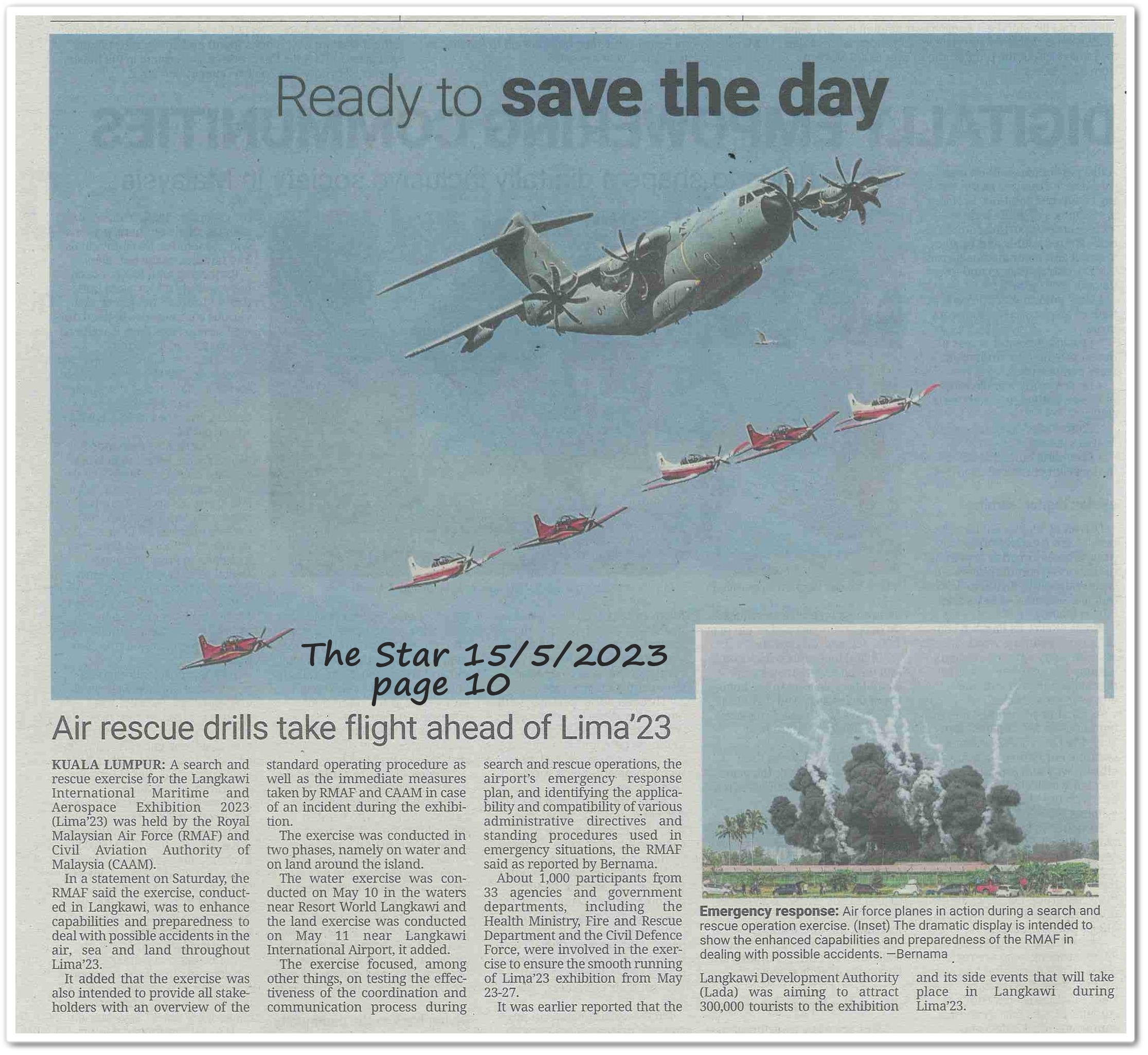 Ready to save the day ; Air rescue drills take flight ahead of Lima'23 - Keratan akhbar The Star 15 May 2023