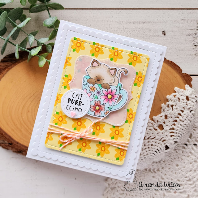 Cat Purr-ccino Card by Amanda Wilcox | Newton's Mug Stamp Set, Floral Roundabout Stamp Set, Frames & Flags Die Set and Frames Squared Die Set by Newton's Nook Designs #newtonsnook #handmade