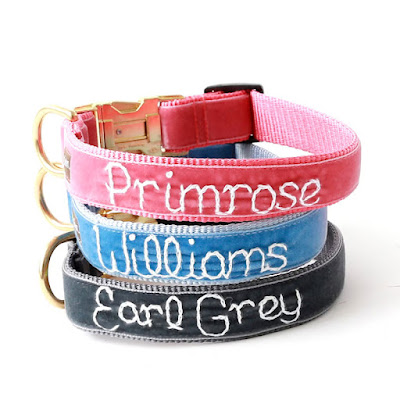 Three vintage velvet dog collars in pink, blue, and green, with the dogs' names embroidered on