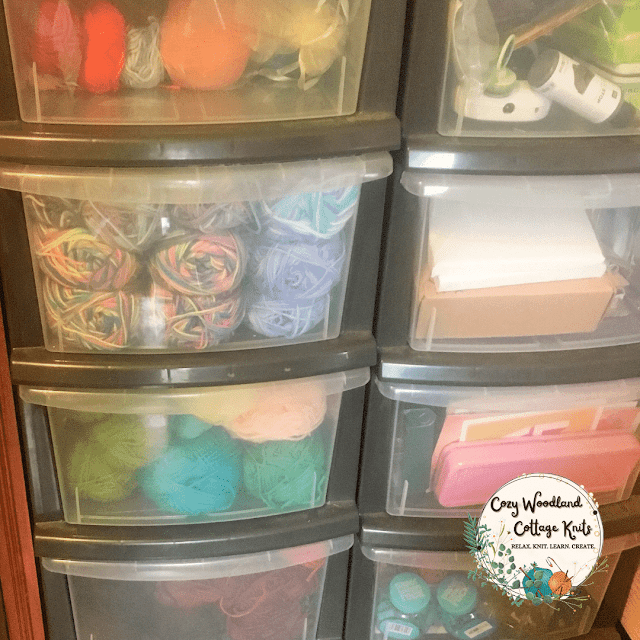 yarn stored in storage drawers