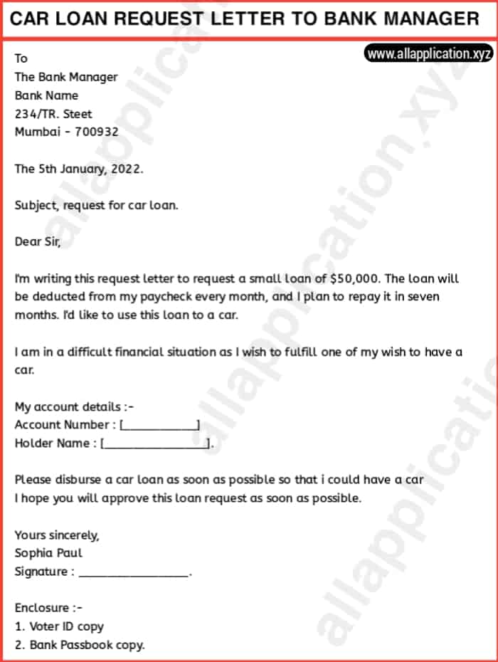 Car Loan Request Letter To Bank Manager